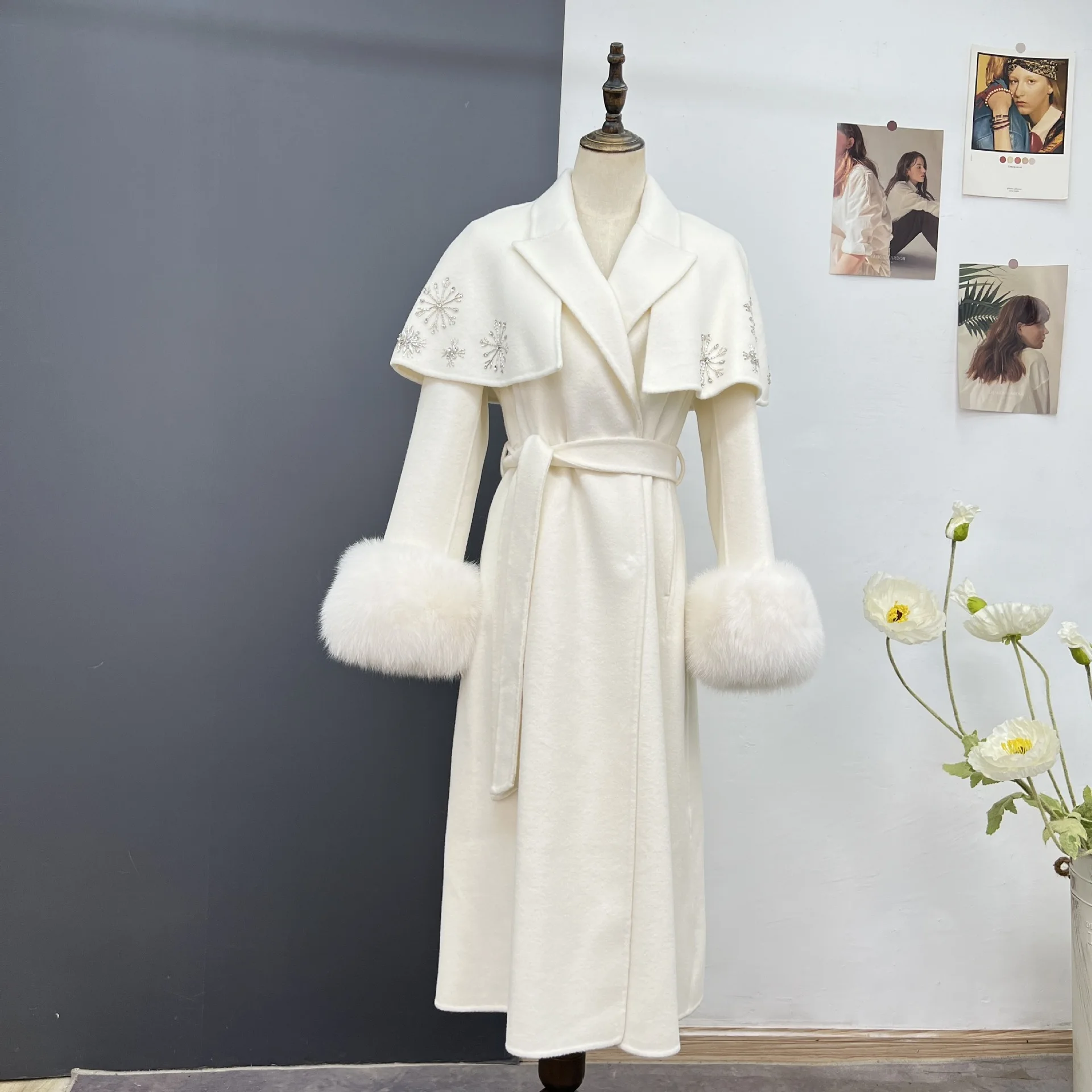 Autumn Winter Clothing New Wool Woolen Coat Women's Long Double sided Coat Cloak Nail Bead True Hair