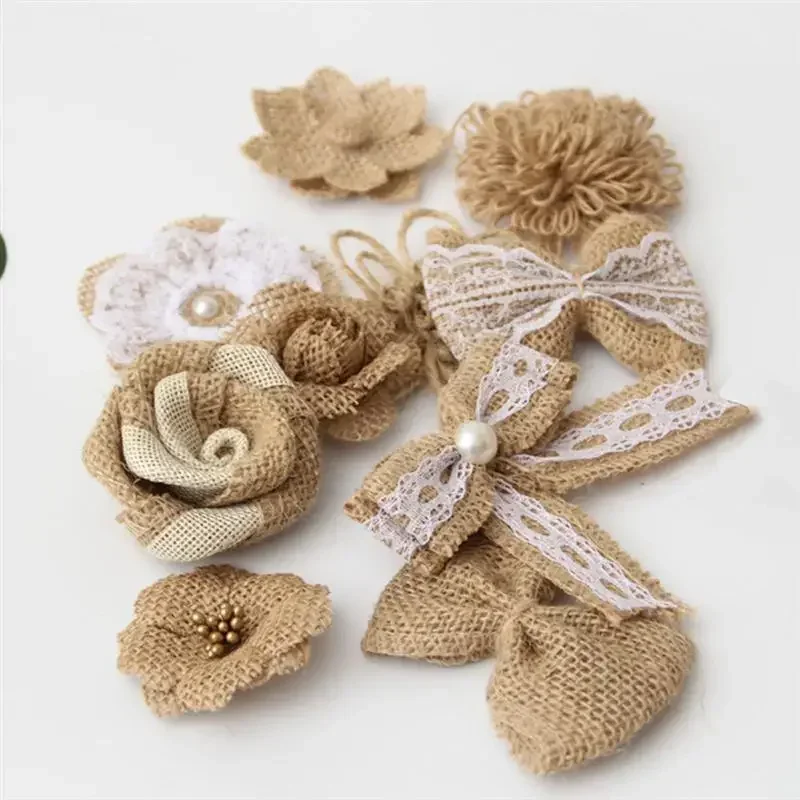 SET of 24pcs  Burlap Flower Vintage Handmade Linen  Jute Flower Decoration for DIY  christmas decorations  wedding decoration