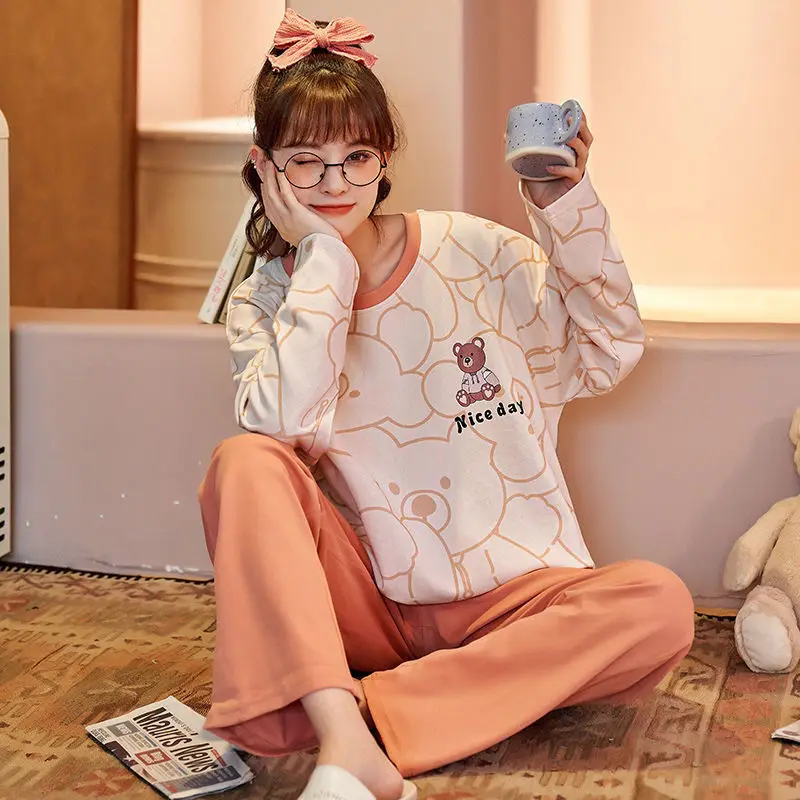 Pure Cotton Pajamas 2024 New Women Round Neck Long-Sleeved Trousers Homewear Suit Female Sweet Cartoon Large Size Sleepwear Set