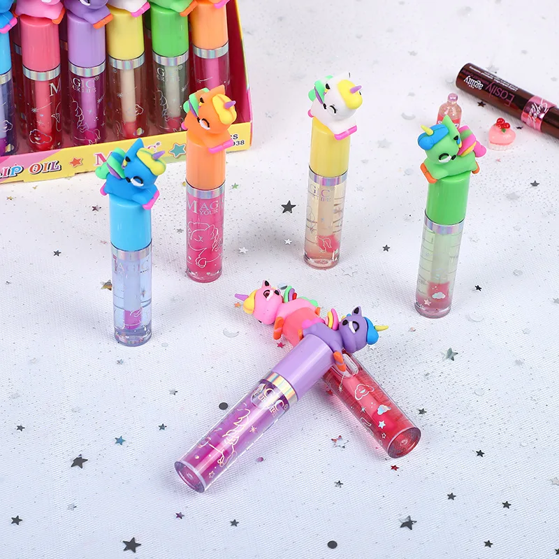 24pcs Kawaii Unicorn Lip Gloss Color Change Vitamin E Moisturizing Long Lasting Lip Oil Students Girls Lips Makeup Wholesale