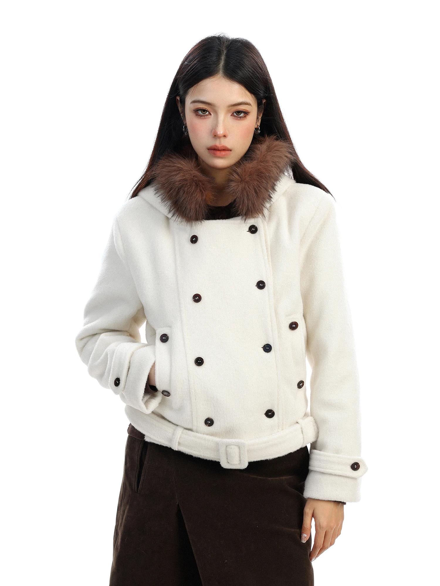 

Thiened Double-Breasted Hat Coat Women's Winter Warm ort Cotton Woolen Outerwear Retro Sle Long Sve Pure Color Coat