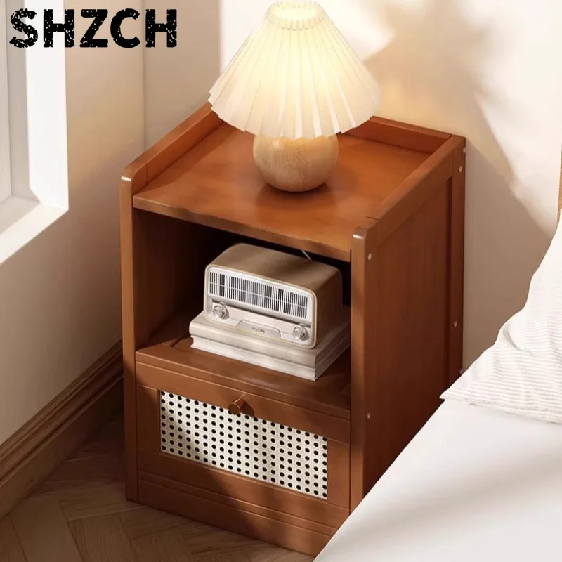 Bamboo Floor Bedside Cabinet, Kickboard-Compatible Nightstand, Luxury Storage Table with Drawers, Multi-Zone Bedroom Organizer