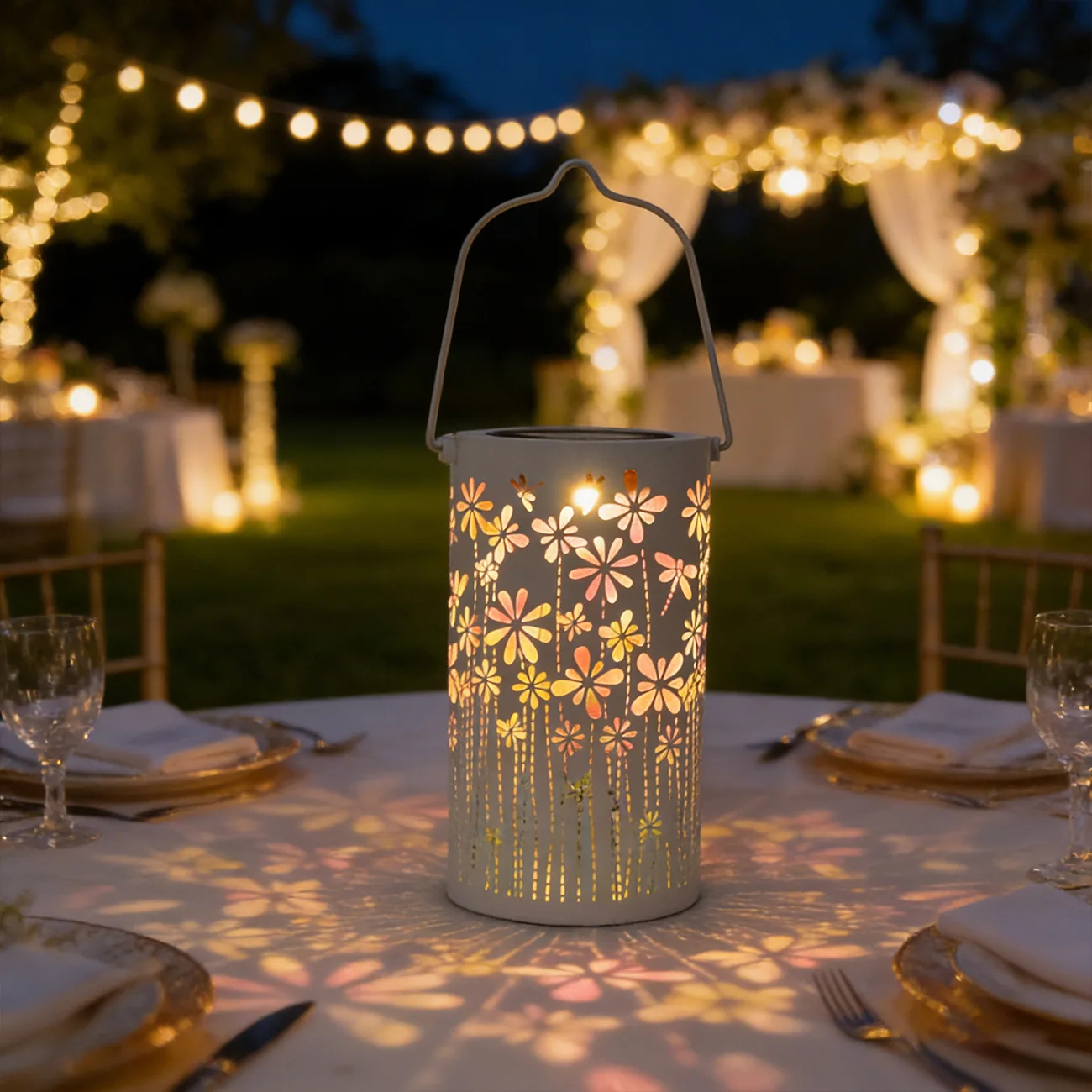 Wrought iron white flower and bird hollow projection light colorful light and shadow light courtyard villa decoration hanging li