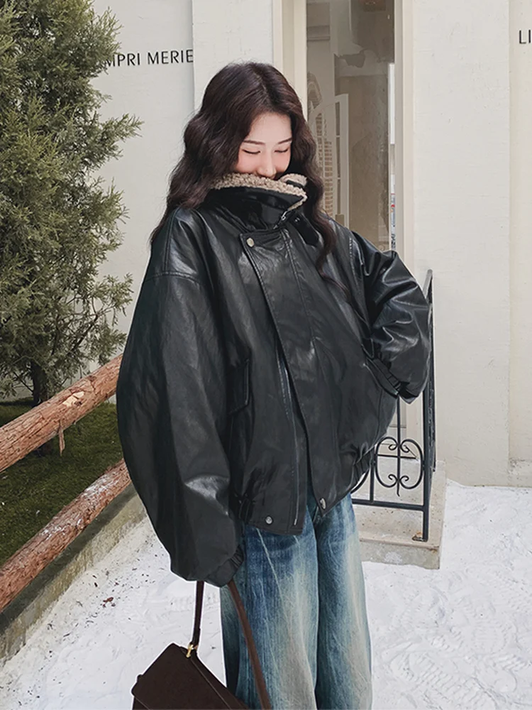 Cappotto Invernale da Donna in Pelle con Collo in Pelliccia d'Agnello, Imbottito in Piuma d'Oca, Bianco, Caldo, Casual, Vestibilità Ampia, Alla Moda