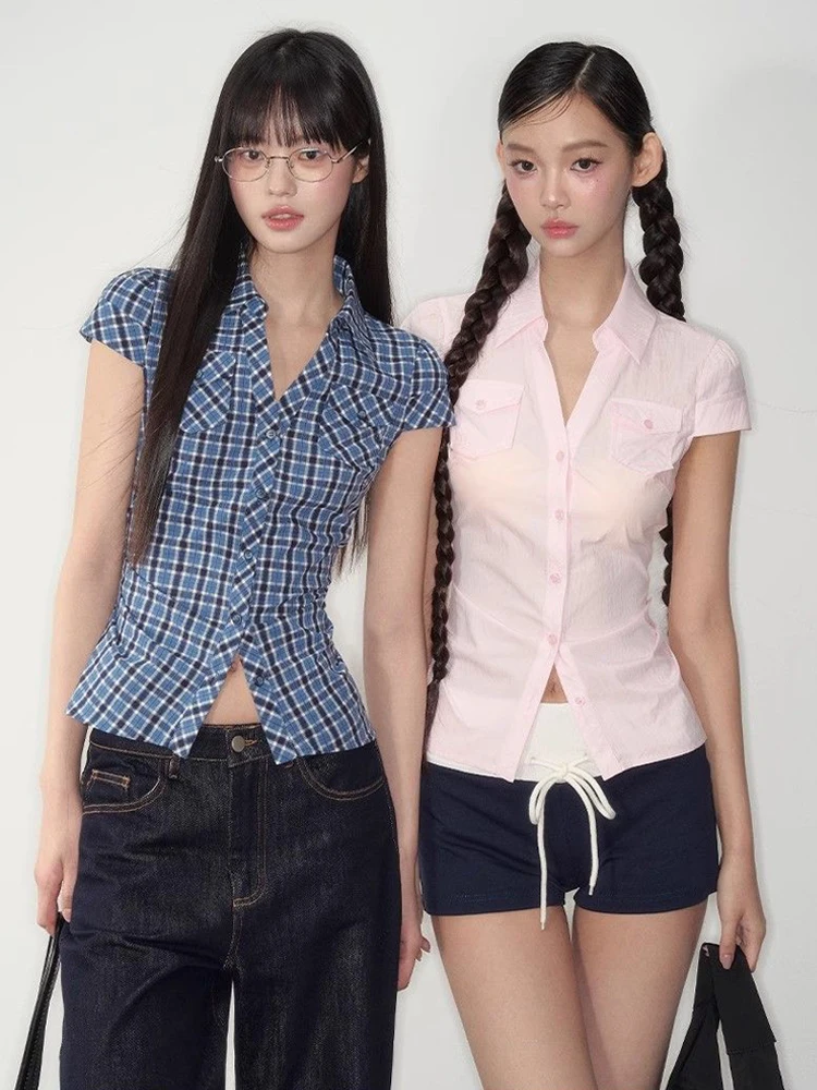 

Zadily 2025 Summer Short Sleeve Y2K Women Plaid Shirts Button Up Turn-Down Collar Sexy Crop Tops Elastic force Female Clothing