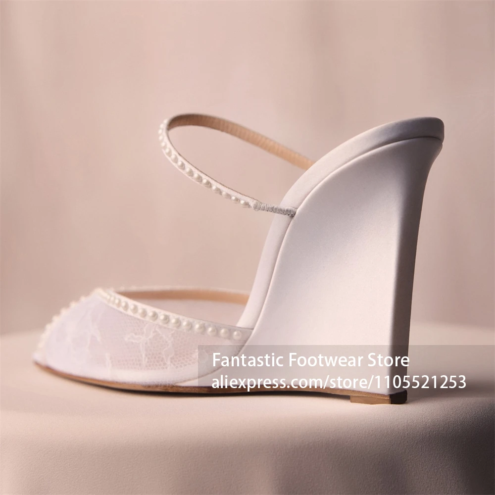 Lace Peep Toe Wedge Mules Pearl Embellished High Heel Slippers Elegant Bridal Wedding Shoes Handmade Dress Footwear for Summer view 2