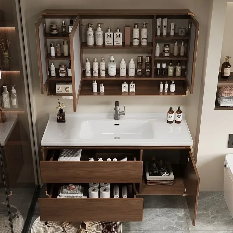 Modern Smart Bathroom Cabinet with Solid Wood Oak Washbasin Integrated Ceramic Sink Combo for Contemporary Home Bathrooms