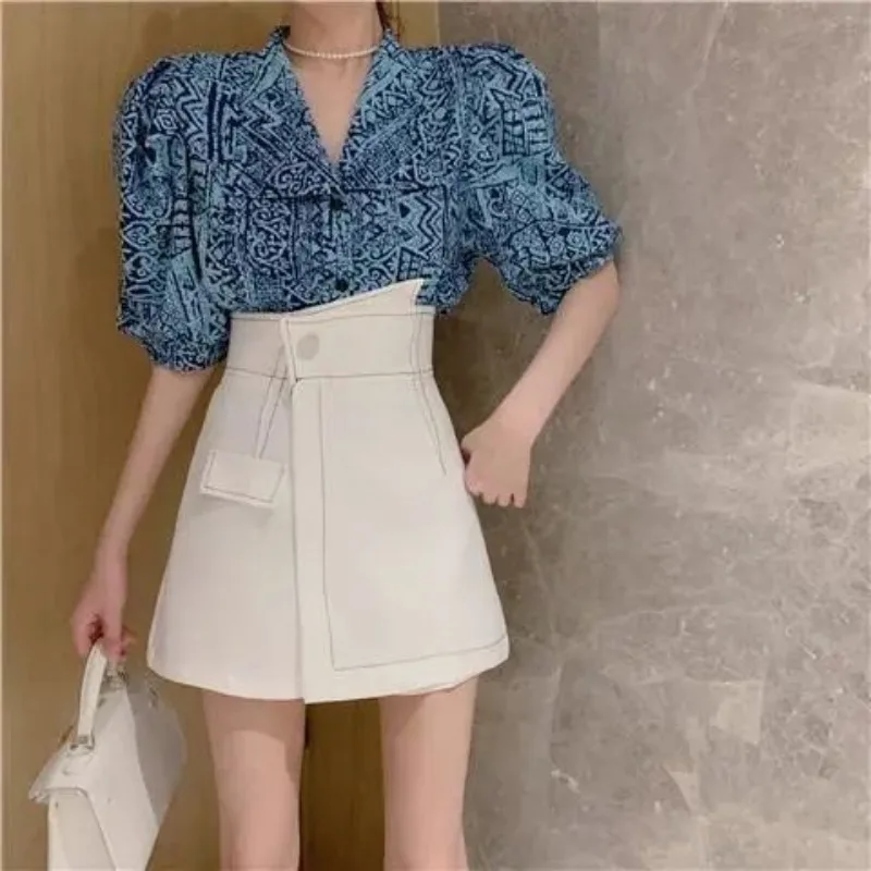 2024 Summer New Korean Fashion Loose Fragmented Blossom Shirt Top+High Waist Slim Wide Leg Short Skirt Set of Two Female Clothes