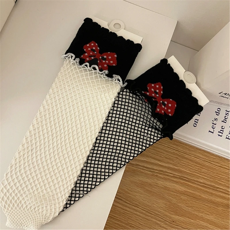 Fashion Summer Women Hollowed Out Fishnet Mesh Splicing Calf Socks Sweet Bowknot Printed Middle Tube Ruffle Frilly Socks