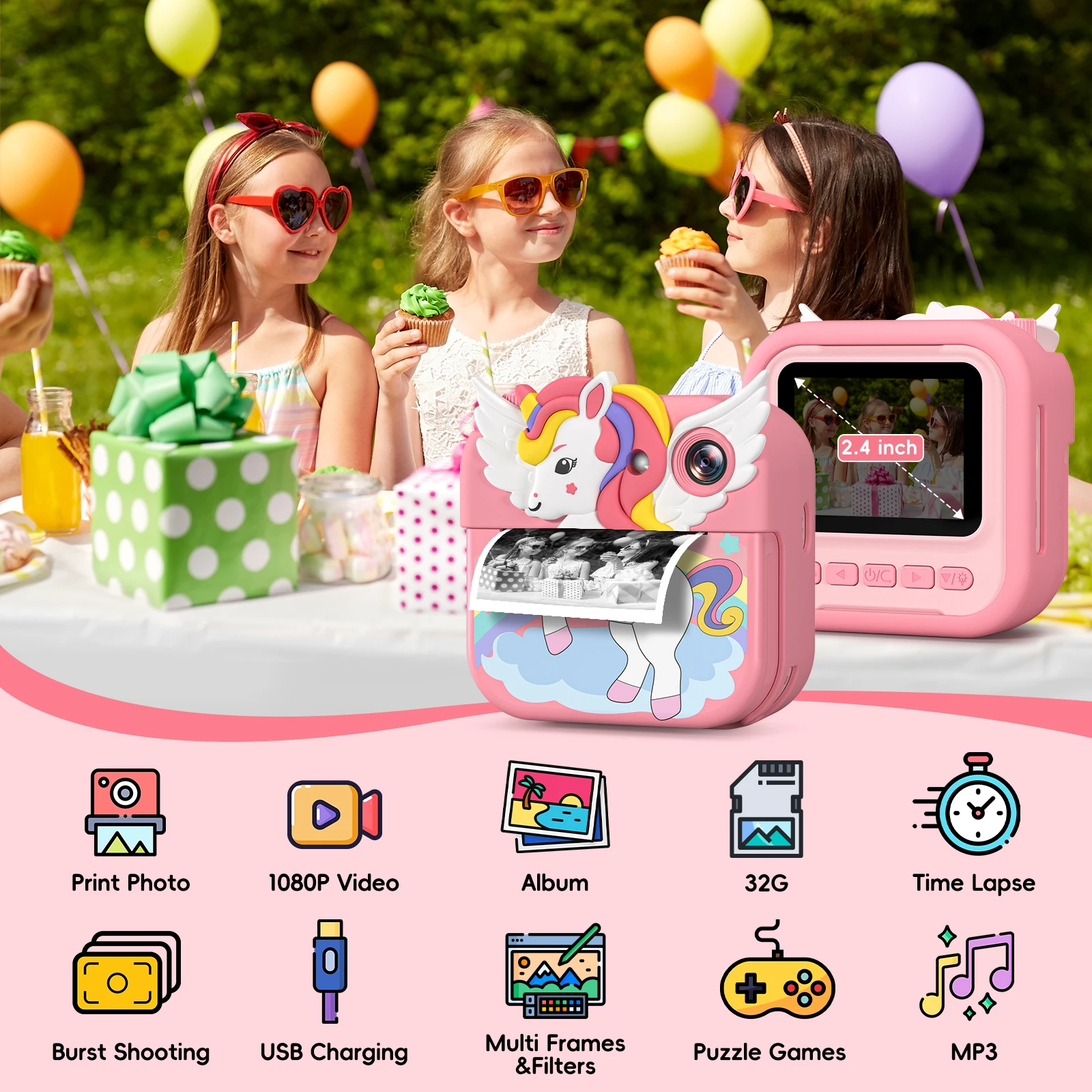 Sofortbildkamera für Kinder, 12 MP/1080P-Kinderkamera mit 32 GB Karte, 2,4-Zoll-Sofortbildkamera, Geburtstagsgeschenk für Kinder im Alter von 3–12