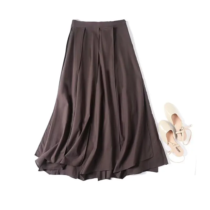 

Jenny&Dave Nordic Minimalist Coffee Color Pleated High Waist Skirt French Country Lazy Cotton Linen Midi Skirt For Women
