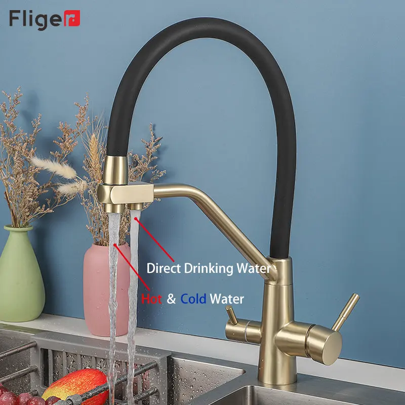 Fliger Water Filter Kitchen Faucet Kithcen Purified Faucet 360 Degree Rotation Crane Three Ways Sink Mixer Drinking Water Tap