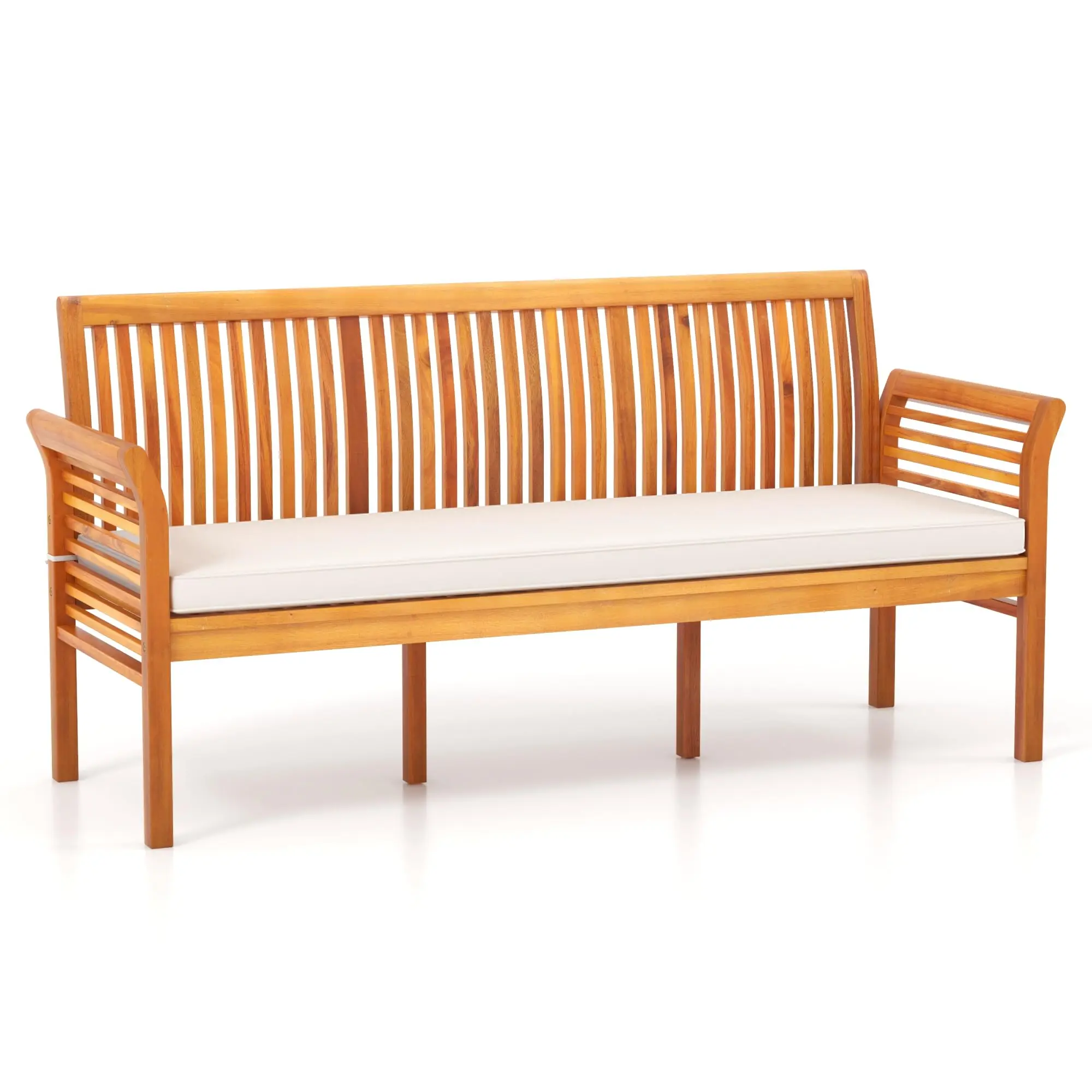 3-Seat Patio Acacia Wood Bench with Cushion, 62.5” Extra Long Outdoor Chair with Dense Slatted Backrest & Armrests