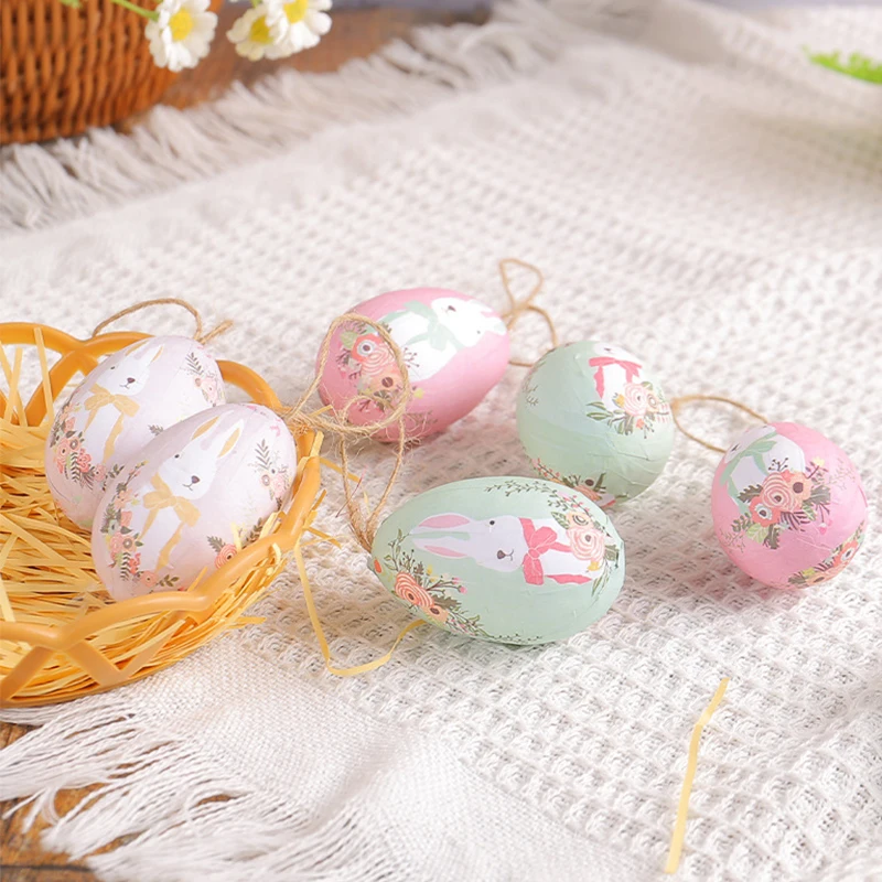 Easter Colorful Eggs with  Weaving Basket Easter Decorations 2025 Cartoon Bunny Eggs Painted Hanging Pendants Ornament Kids Gift