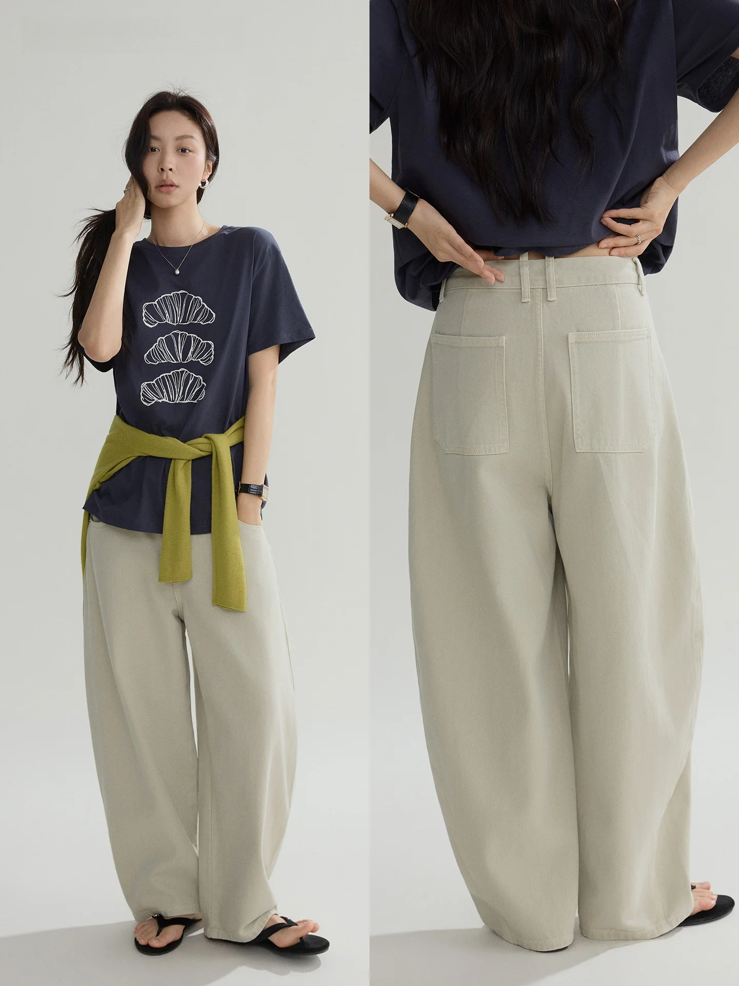 

Joli Choose High Waist Wide Leg Casual Pants Women Loose Slimming Drapey Straight Tube Pants Khaki Color Versatile Cotton Jeans