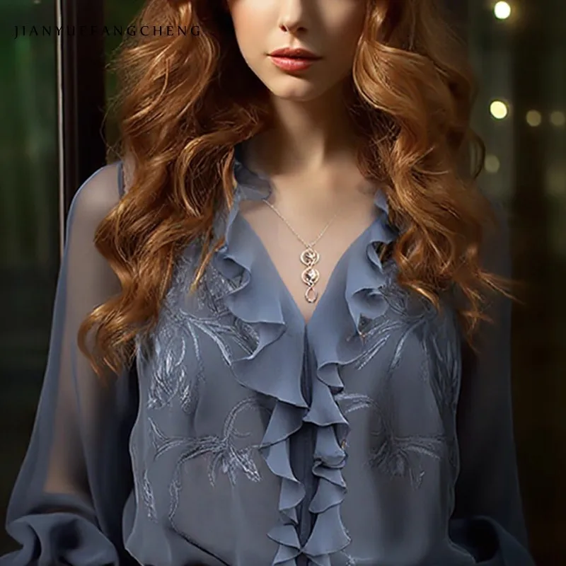 2025 été léger en mousseline de soie haut femmes brodé volants bord col en v chemise ample décontractée printemps été Blouses