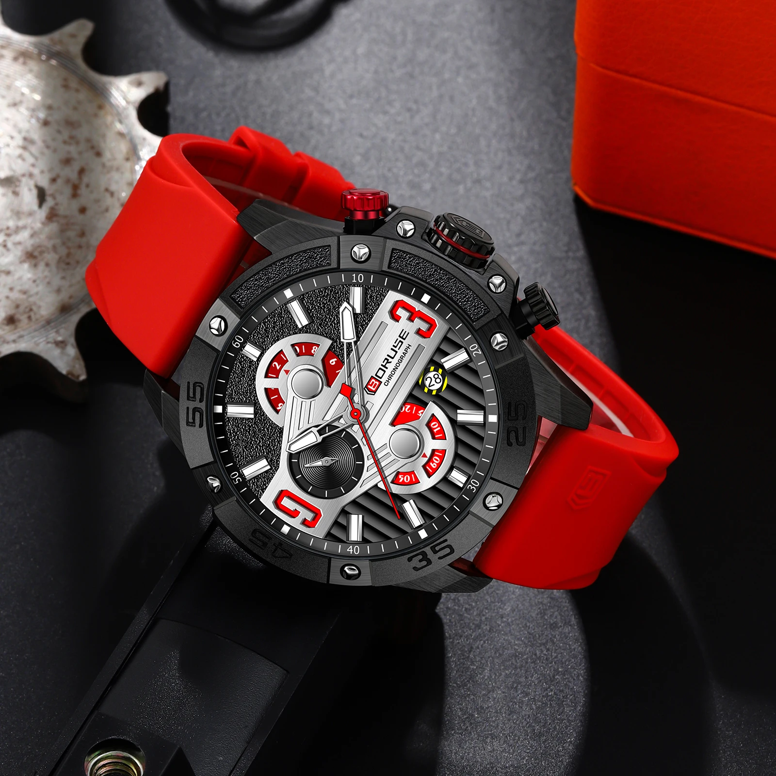 BORUSE Sport Quartz Red Watch for Men Luxury Wristwatches Chronograph Waterproof Casual Clock Montre Homme