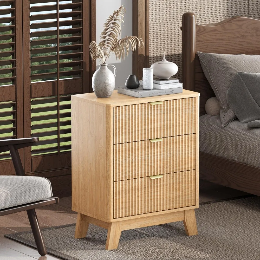 Night Stand with 3 Drawers Mid Century Modern Wood Bedroom Nightstand Bedside Table & End Table with Metal Handles