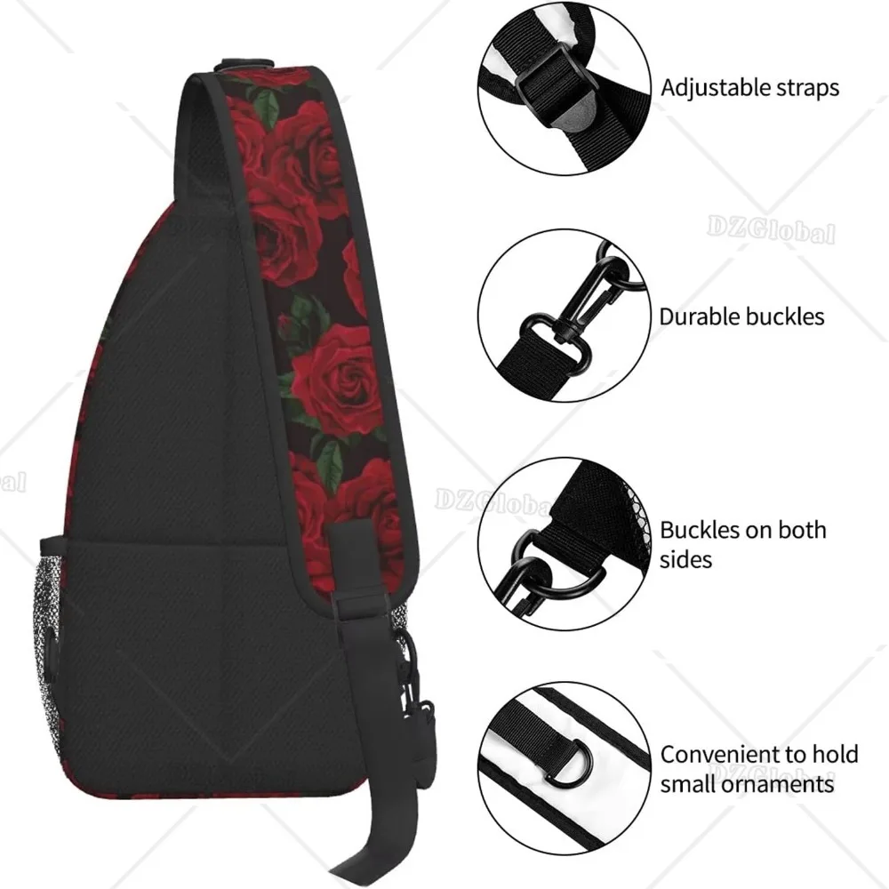 Red Rose Sling Bag for Women Men Crossbody Shoulder Backpack Unisex Chest Bags Water Resistant Travel Hiking Casual Daypack