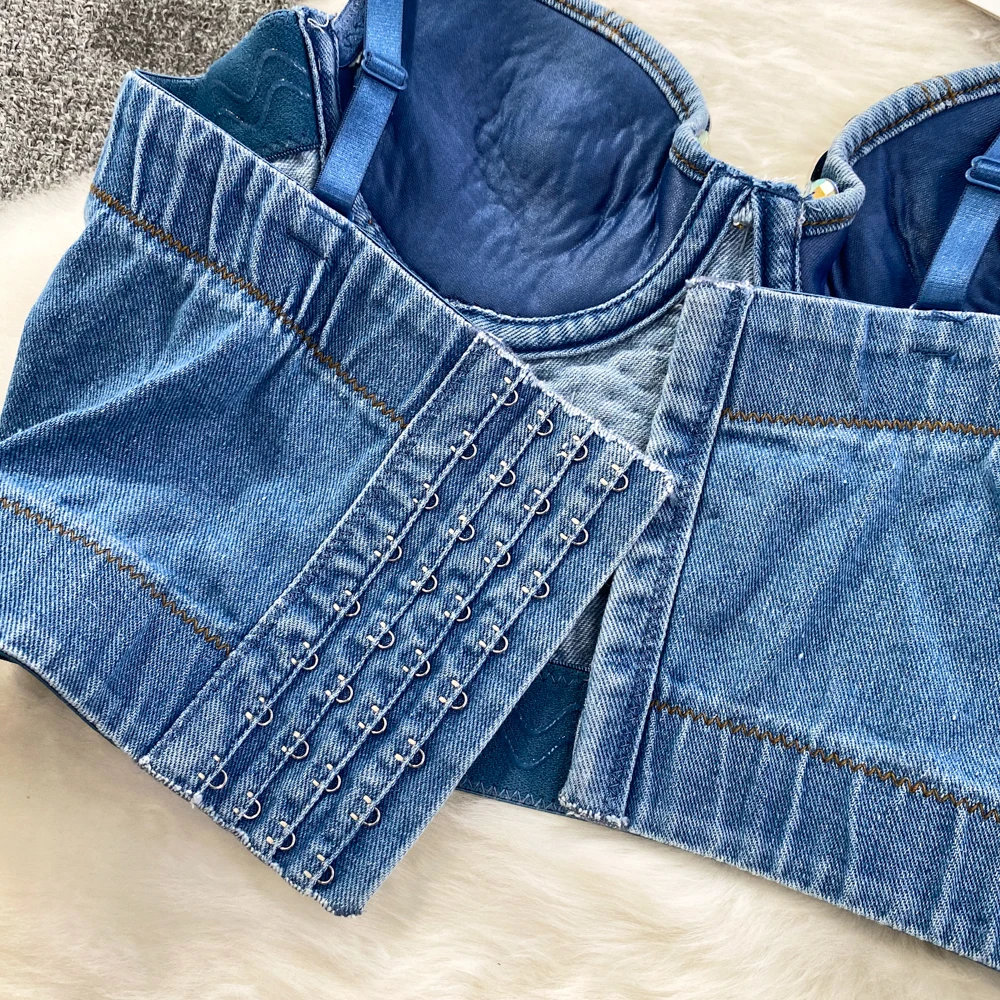 Women Summer Denim Camisole Corset Top Build In Bra Crystal Diamonds Pearl Luxury Jeans Tops High Street Club Party Nightwears