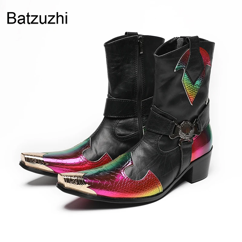 Batzuzhi 6.5cm High Heels Cowboy Men's Leather Short Boots Mix Color Handmade Fashion Party/Motorcycle Boots for Men Pointed Toe