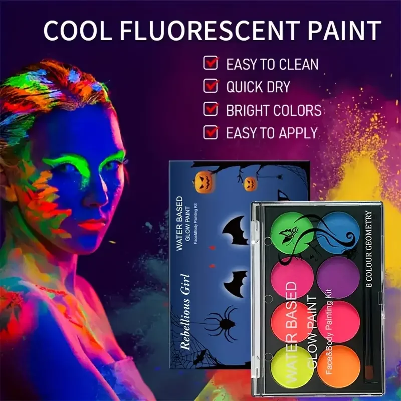 8 Color Water Face Paint Kit Fluorescent Neon Body Paint Glow dark Fast Dry Body Skin Cosplay Makeup With Stencil And Brush