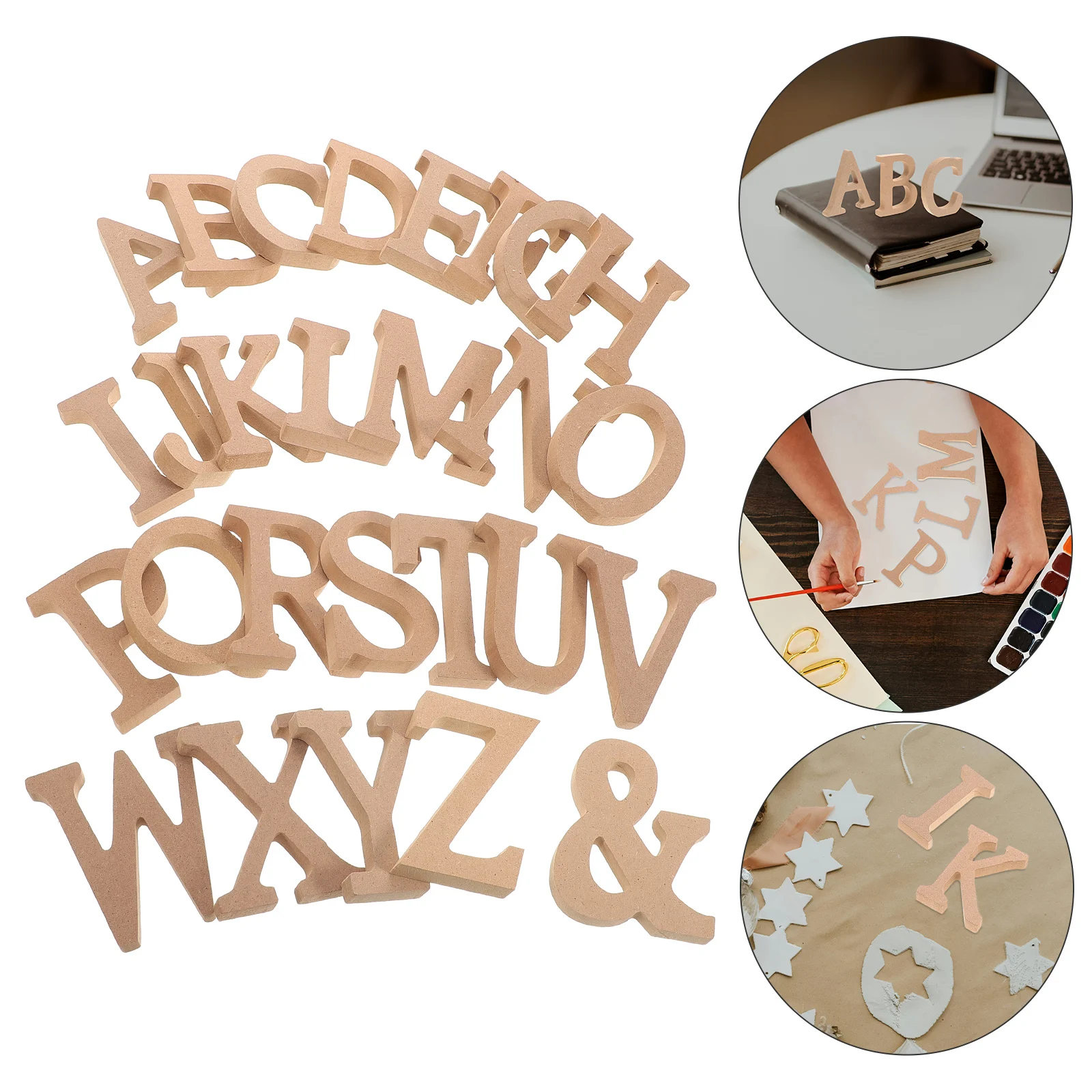 26 ตัวอักษรไม้ที่ยังไม่เสร็จ DIY Craft เครื่องประดับ Blank Art Cutout Sign Home Decor Props ตัวอักษรไม้ขนาดเล็กชุด