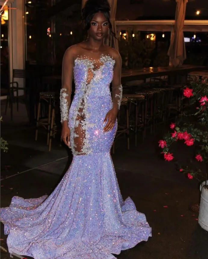 Vestido de noche de sirena púrpura lila para mujer, vestido de fiesta de cumpleaños, ilusión, manga larga, terciopelo de cristal, 2024