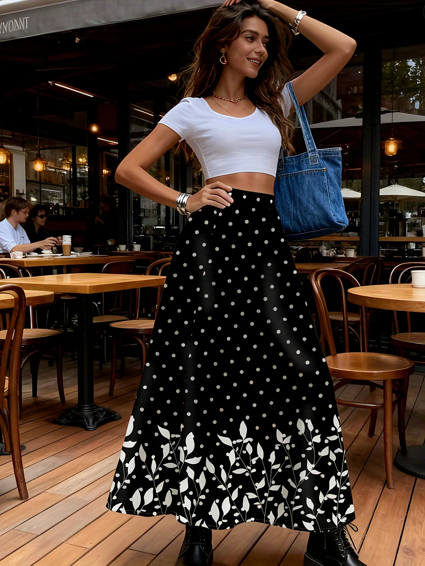 

Черно-белая юбка в горошек для женщин с цветочным принтом, А-силуэт, миди, повседневная, летняя, офисная, с высокой талией, на резинке