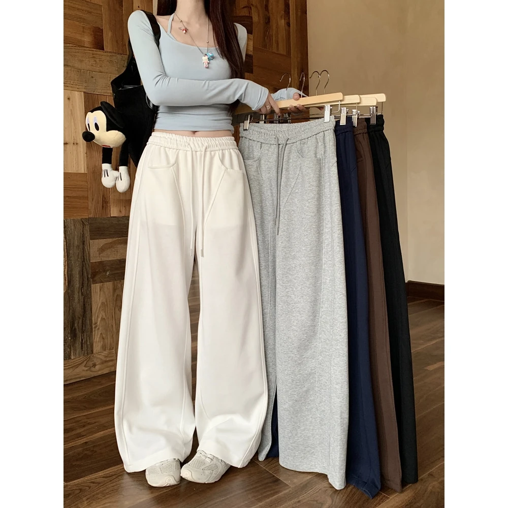 

Laid-ba Sle Light Beige Elastic Waist Dstring Casual Pants Women Autumn Winter Loose Drapey Small Straight Leg Trousers