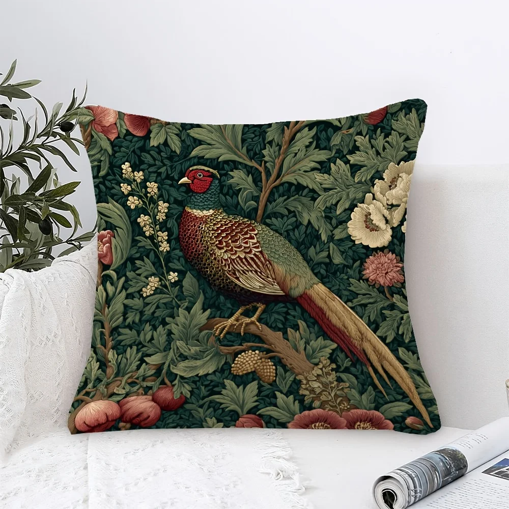 1pc William Morris Style Pheasant Pillow Cover, Polyester 2D Double-Sided Print, Rich Green Botanical Bird Design, Vintage Natur