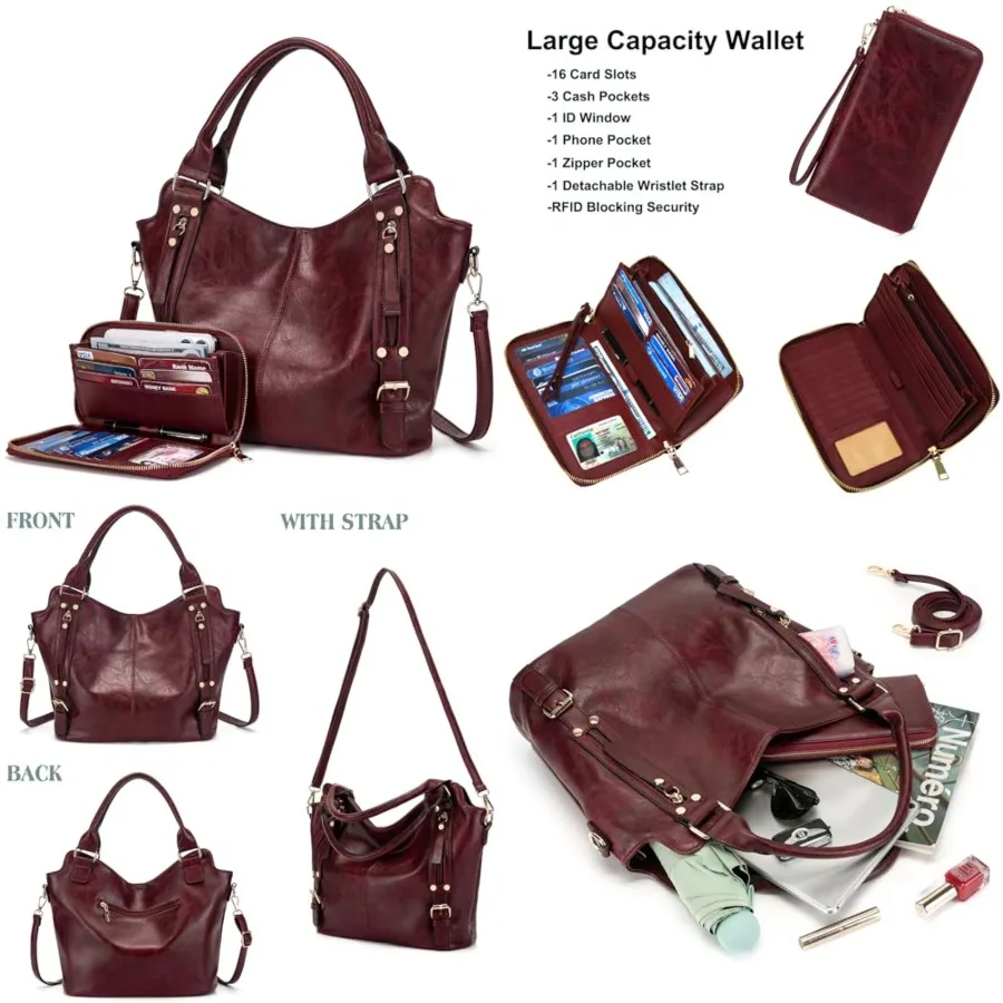 Sacs bandoulière pour femmes, grand sac hobo en cuir PU, sac à main, sac fourre-tout pour femmes, ensemble de 2 pièces