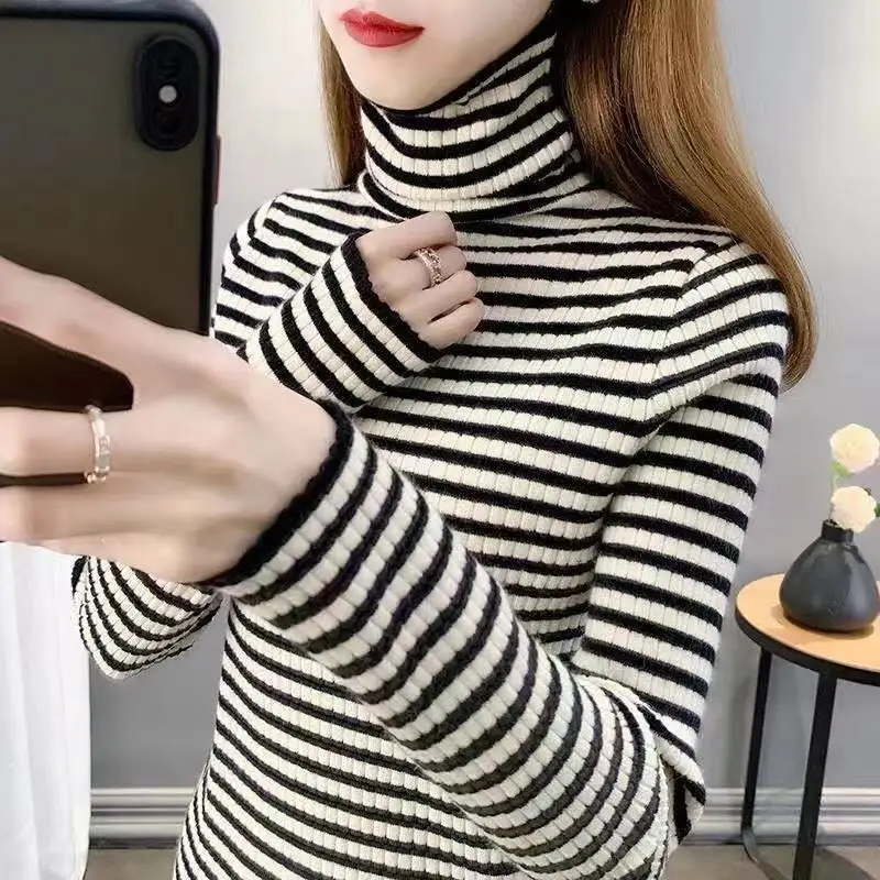 Autumn and Winter Women\'s Pullover Turtleneck Patchwork Striped Slim Underlay Fashion Casual Elegant Commuter Long Sleeve Tops