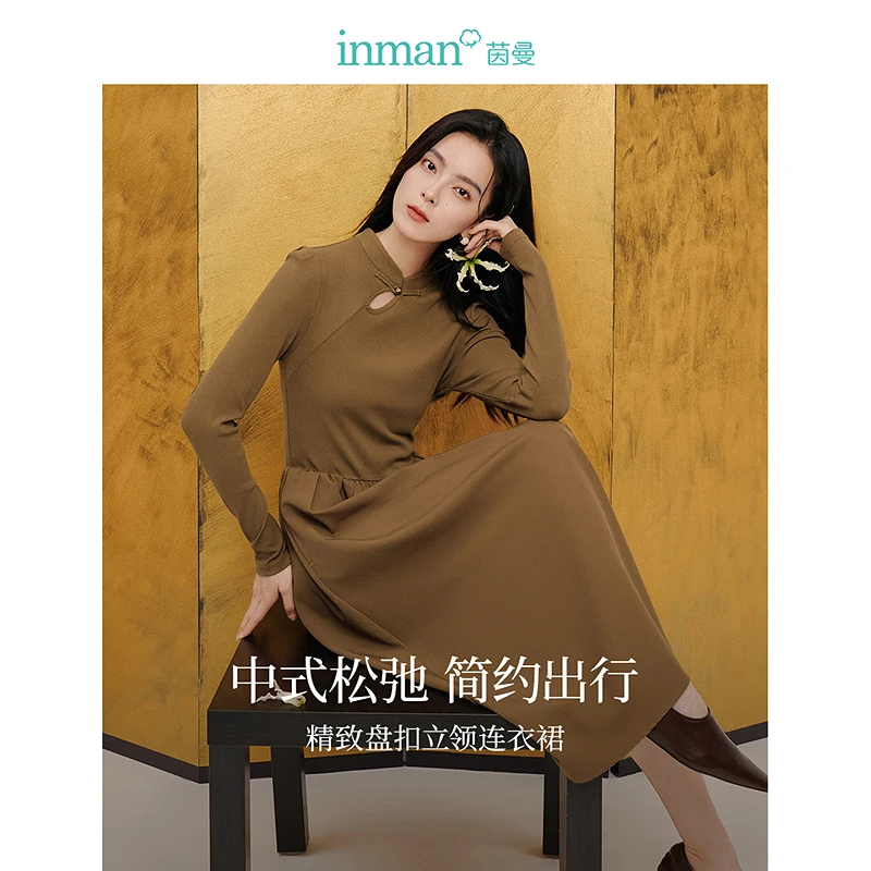 INMAN 2024 autumnwinter Neo-Chinese Style Women's Dress Patchwork long-sleeved base Dresses