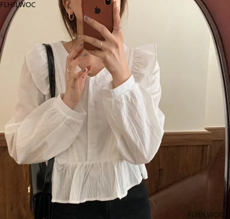 Korean Chic Fashion Clothes Autumn Womens Long Sleeve Cute Sweet Tops Girls Solid Ruffles Peplum Baby Shirt Tops Short Blusas