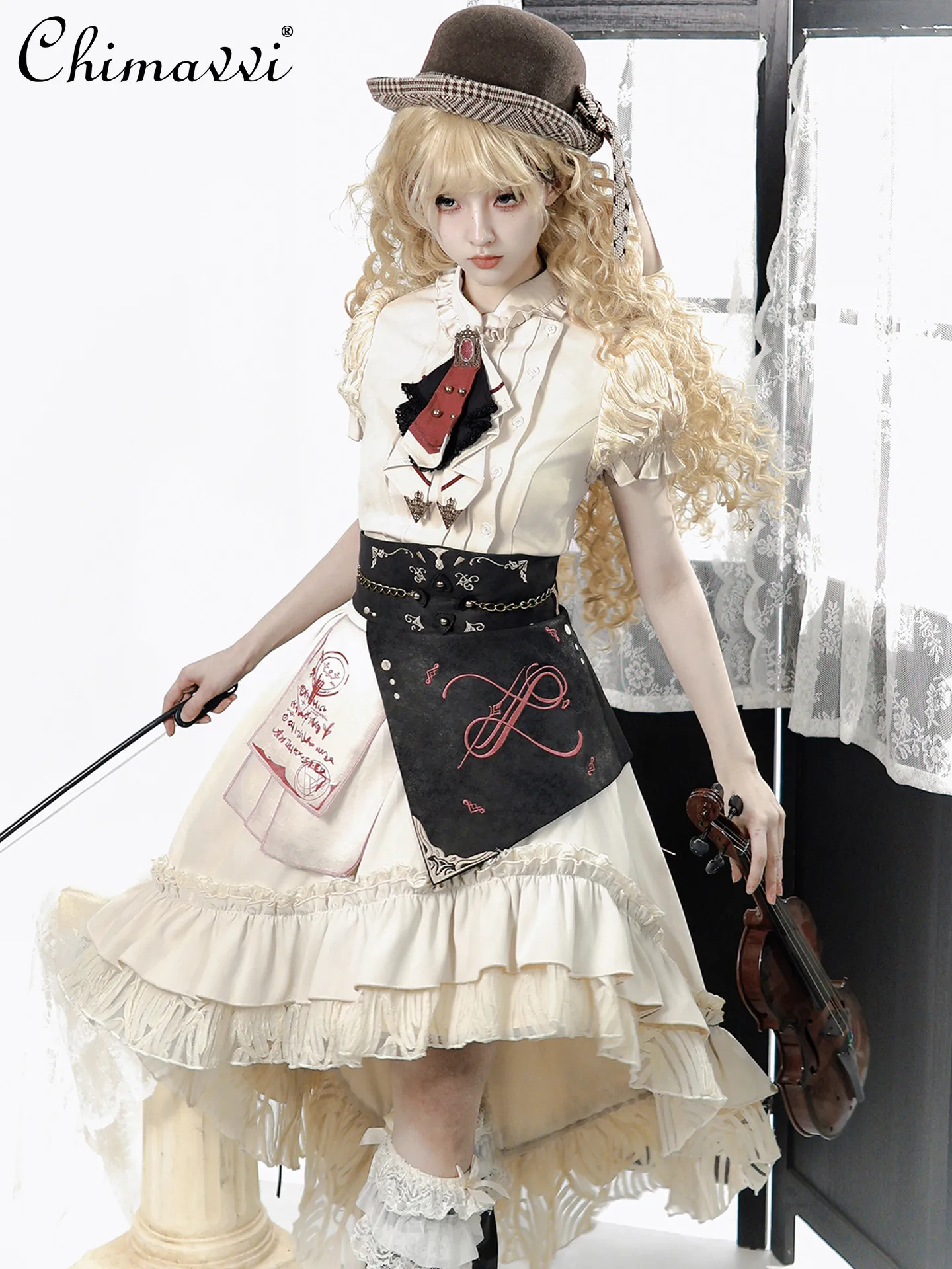 

Original Lolita Daily Outfit Set Spring Summer New Vintage Girl Short-sleeve Blouse Skirt and Waist Belt Women's Three-piece Set