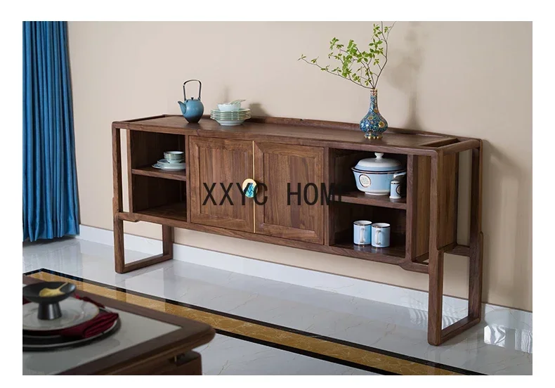 Black Walnut Solid Wood Sideboard Curio Cabinet New Chinese Restaurant Log Furniture