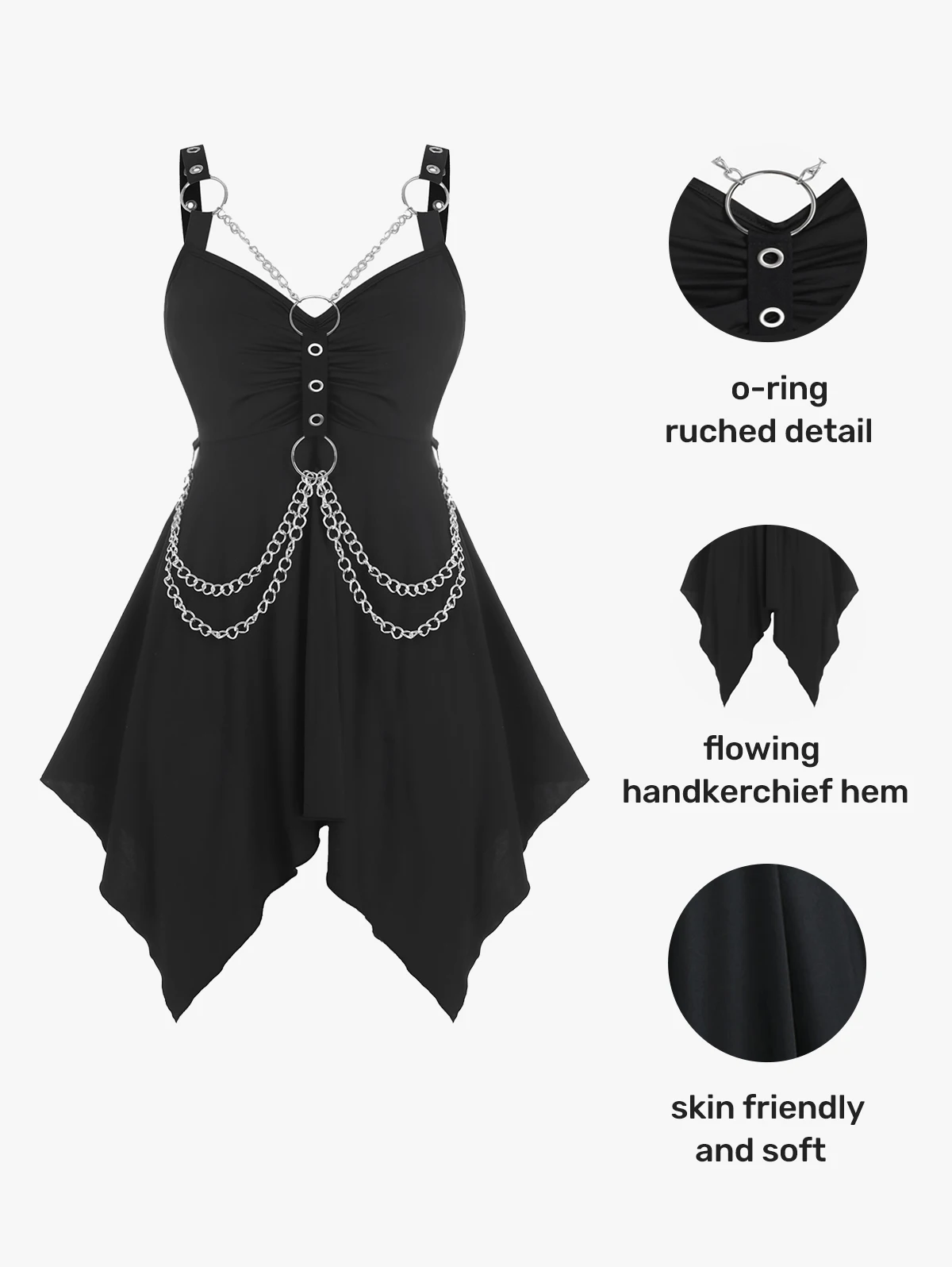 ROSEGAL Plus Size Gothic O Ring Chains Tank Top Black Punk Soft Handkerchief Vest Women Summer Sweetheart Neck Sleeveless Top 4X