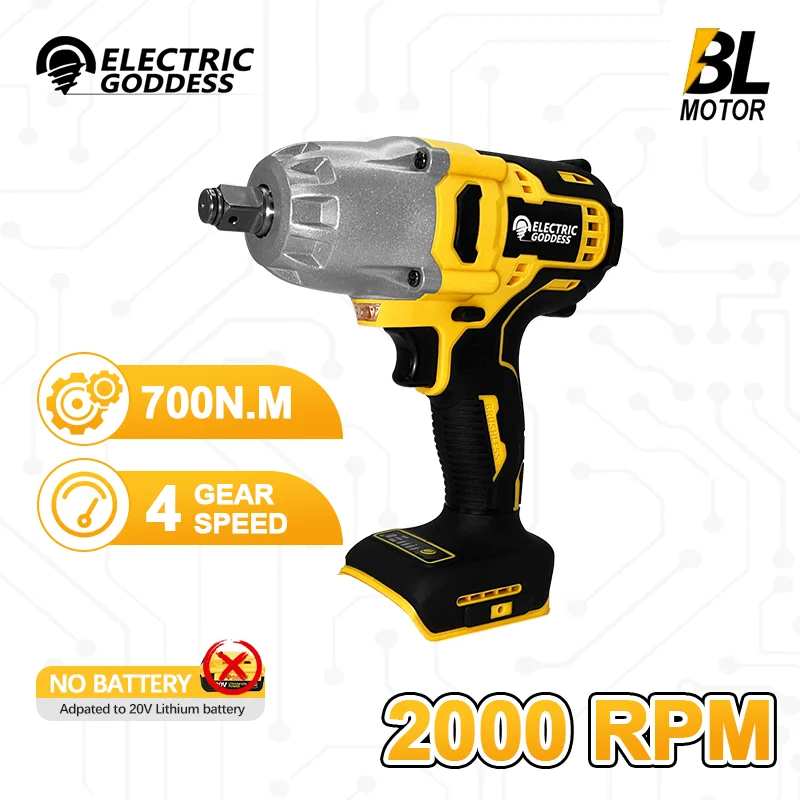 

Electric Goddess 700N.M Brushless Electric Impact Wrench 3 Gears Variable Cordless Car Repair Power Tool For Dewalt 20V Battery