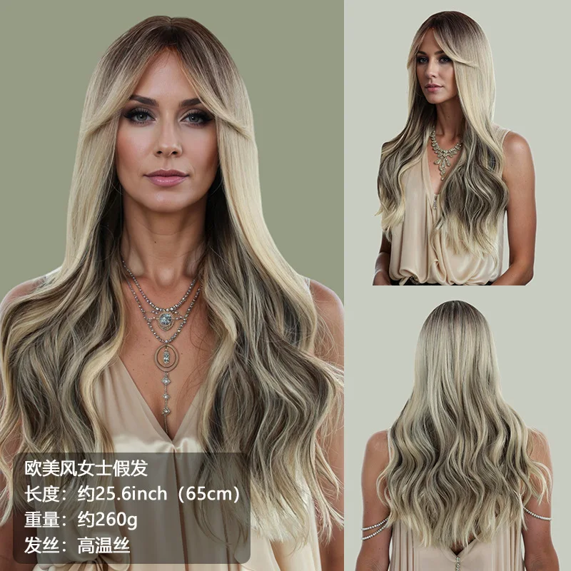 

Европейский и американский стиль: полный парик для женщин, крупные волны, центральная часть, длинный челка, длинные кудрявые волосы, градиентный синтетический парик.