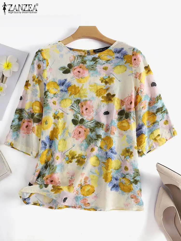 ZANZEA Women Cotton Linen Blouses 2024 Summer Bohemian Floral Printed Blusas Fashion 3/4 Sleeve O-Neck Top Casual Loose Shirts