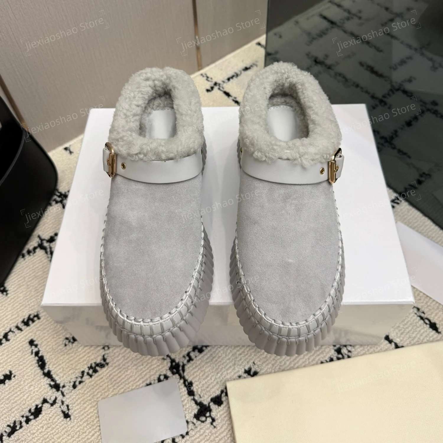 Autumn Winter Cow Suede Round-Toe Platform High Heel Woman Slippers Wool Mules Slip-Ons Loafers Exclusive Lazy Zapatos De Mujer