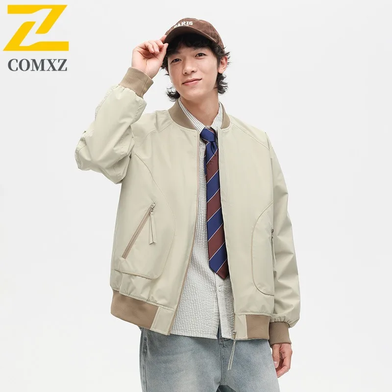 

COMXZ 2025 Spring Autumn Stand Collar Jacket Mens Fashion Turn Down Collar Coat with 3D Pockets Youth Trendy Casual Outwear