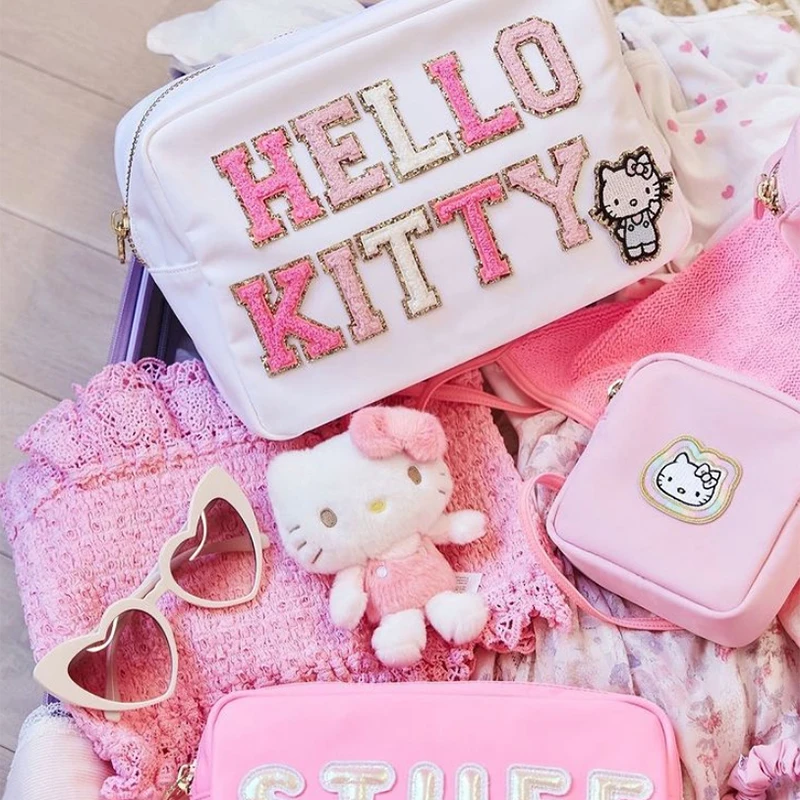 Customize DIY Letters Patch Heart Pearl Rhinestone Nylon Durable Waterproof Pouch Makeup Case Nylon Travel Cosmetic Bag