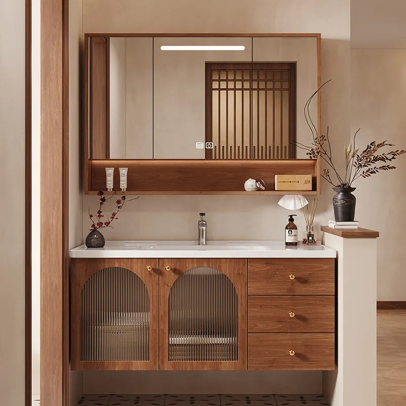 

Тумба для ванной в средневековом стиле с керамической интегрированной раковиной и комбинацией тумбы и умывальника из дуба