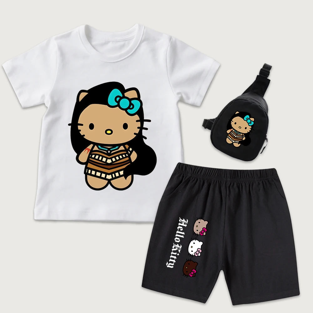 

Детская хлопковая футболка с принтом Hello Kitty Pocahontas, шорты, мини-сумка на грудь, комплект из 3 предметов, повседневная одежда для мальчиков и девочек