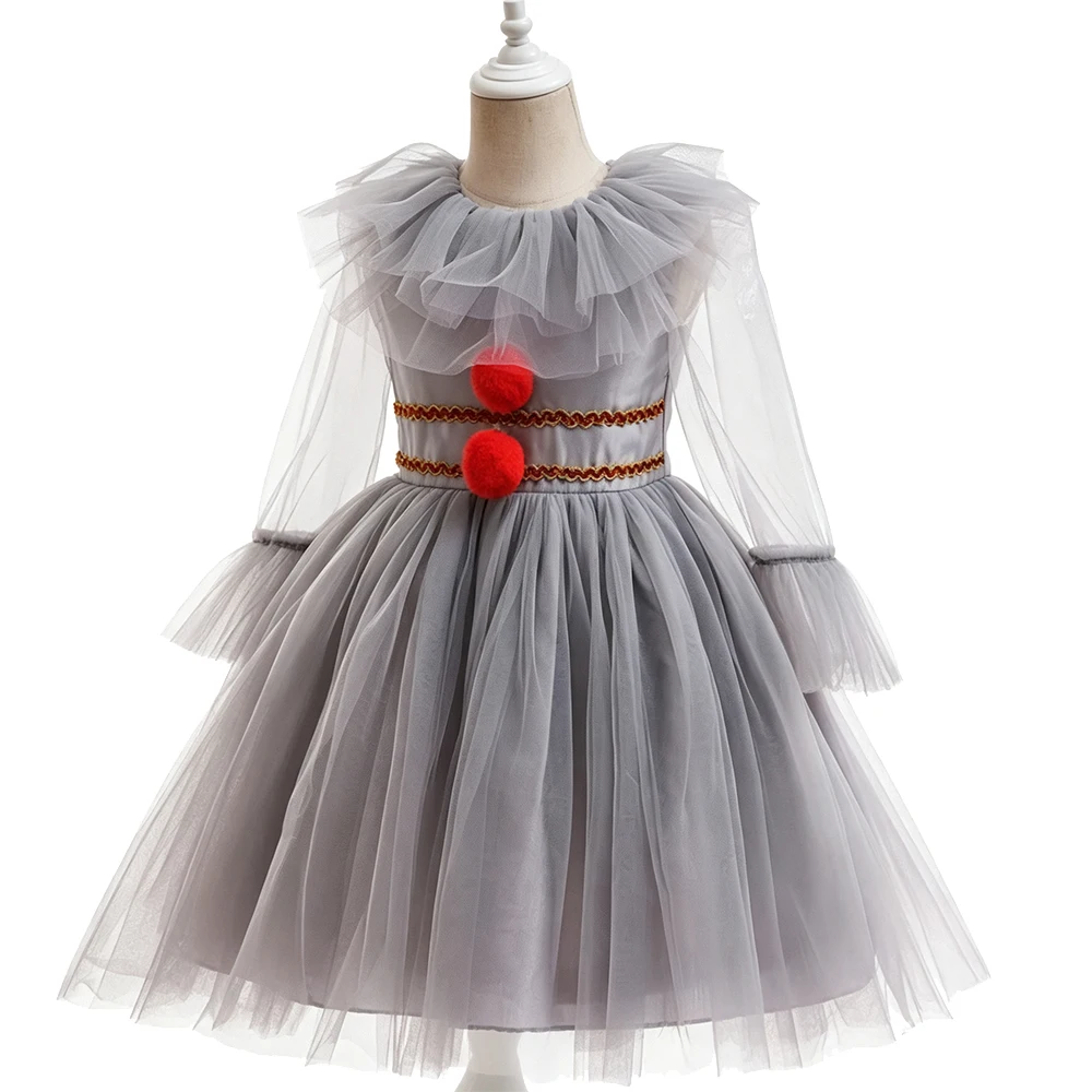 Kids Scary Clown Fancy Dress Outfit Ruffle Neck Tulle Dress With Red Pom Pom Decor For Girl Halloween Trick Or Treat Party