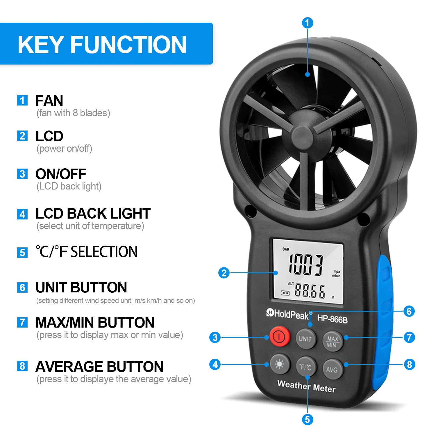 HP-866B Anemometer Wind Speed & Temperature, Wind Chill Indication Hand-Held Current/Average/Max/Min LCD Back-Light HOLDPEAK