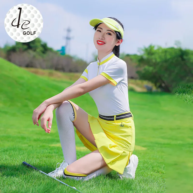 Golf Women's Clothing Set Spring Summer Short Sleeved T-Shirt Minimalist Color Matching Short Skirt Yellow Standing Collar