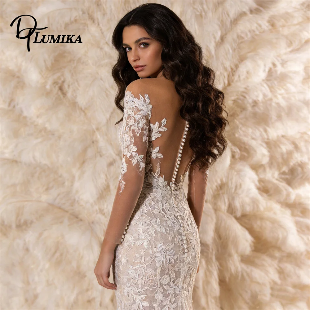 Illusion Sleeves Mermaid Wedding Dress for Women 2026, Lace Appliques Long Bride Dresses Tailored Beige Lining Bridal Gown